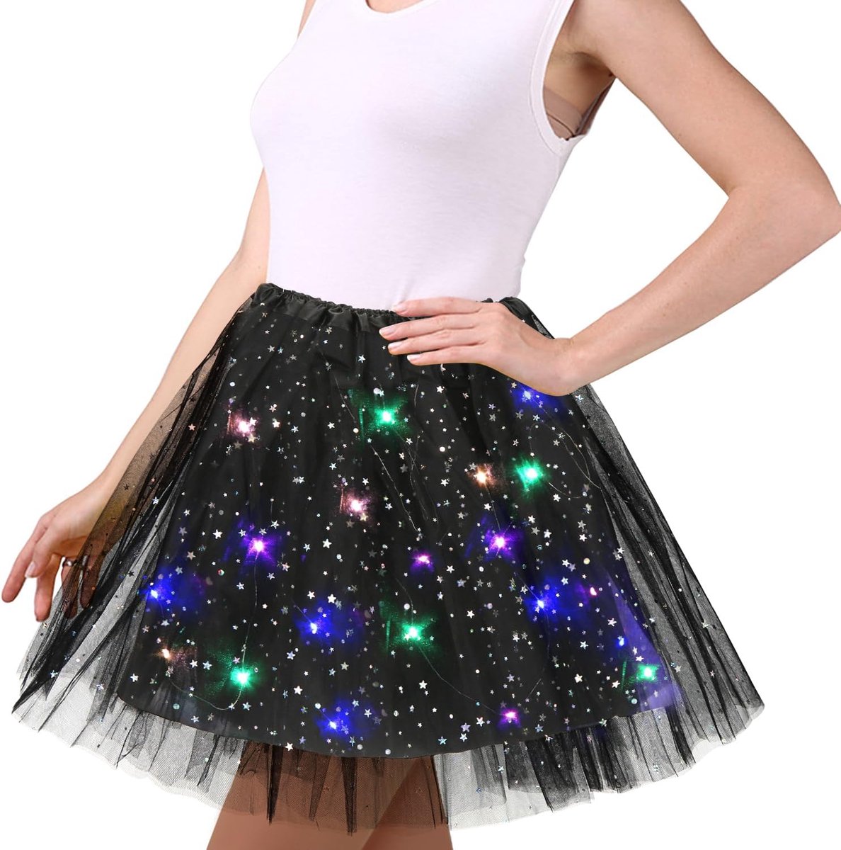 Tule rok voor dames, sterren, pailletten, dansjurk, stretchy minirok met ledverlichting, 45 cm, balletrok voor volwassenen, carnaval, Halloween, party, balletjurk voor tieners