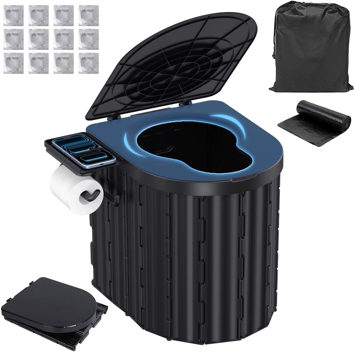 CreateEcom mobiel toilet - draagbare wc - kampeertoilet - Opvouwbaar kampeerreistoilet - gemakkelijk schoon te maken - 38x32x36 cm - zwart