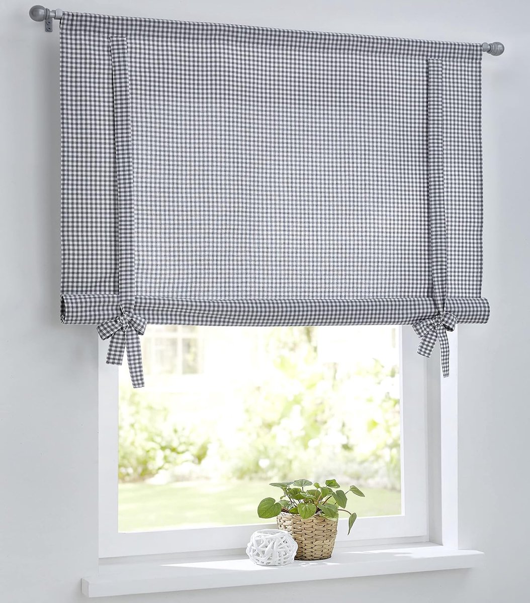 Geruit vouwgordijn, vouwgordijn met trekkoord voor gordijnroedes, landhuisgordijn, keuken, geruit, wit-grijs, bindgordijn, rolgordijn, breedte 60 cm x hoogte 100 cm
