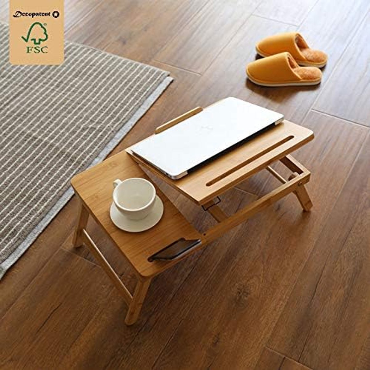 Laptoptafel voor op Bank of bed van bamboe hout - Met Telefoon & Tablet houder - Hoogte verstelbaar, kantelbaar & Inklapbaar - Bedtafel / Banktafel voor laptop, boek, tablet - Ontbijt op bed tafel - Decopatent
