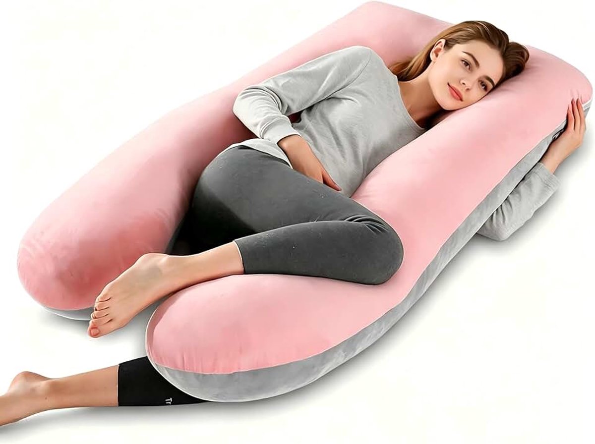 Zwangerschapskussen om te slapen in U-vorm, kussen voor borstvoeding en zwangerschap, met afneembare en wasbare fluwelen kussensloop, 145 x 70 cm (roze en grijs)