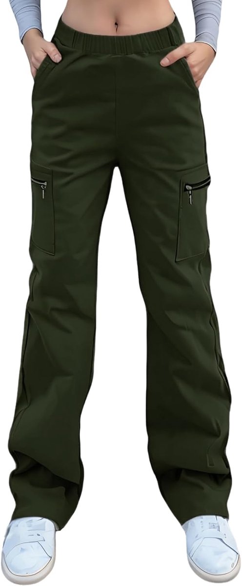 Vrouwen Wijde Pijpen Combat Cargo Broek met Rits Zakken Stretch Hoge Taille Werk Lange Lange Broek Losse Fit Lounge Wear Y2K Tiener Meisjes Streetwear Casual