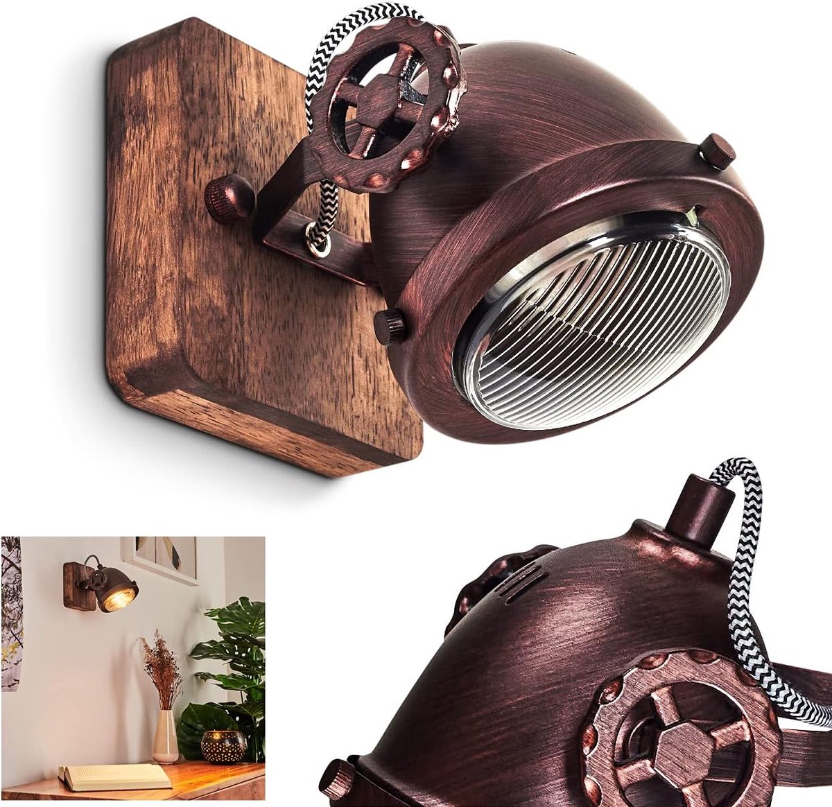 Herford, 1-lamps kamerlamp in metaal en hout in bruin en roest met glazen kap, spot is draai- en kantelbaar, 1 x GU10, zonder gloeilampen