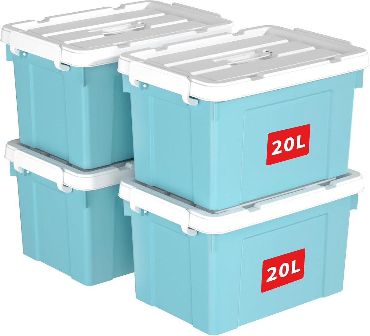 20L x 4 opbergdozen, plastic opbergdoos met deksels, organiserende container met handvat en veilige vergrendelende gespen, stapelbaar, nestbaar, draagtas voor thuiskantoor kleding, 20L-4Pack,