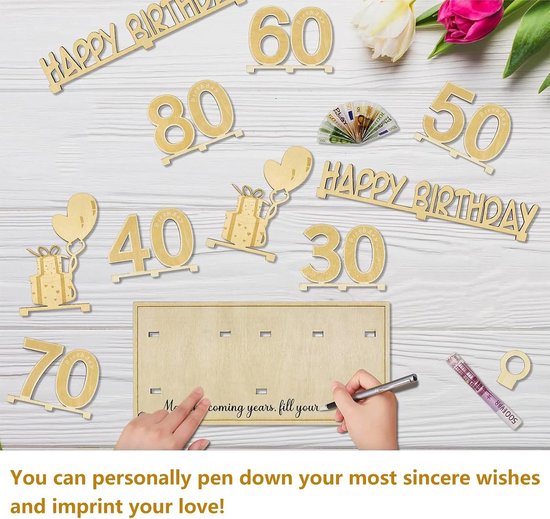 50 jaar geschenken, geldgeschenk verjaardag 50 met LED-lichtsnoer, 50e verjaardag, decoratie, wenskaart voor de 50e verjaardag, gastenboek gemaakt van hout, cadeaus voor 50e verjaardag heren dames — afbeelding 4