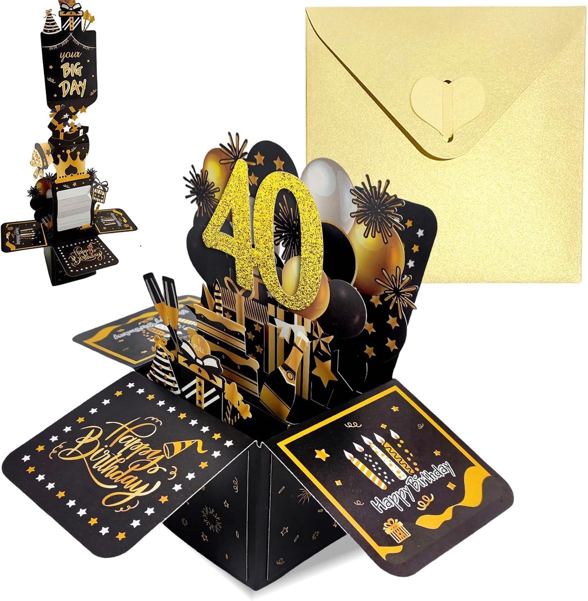 Verjaardagskaart voor vrouwen, mannen, jongens, meisjes, cadeaus voor hem/haar, verjaardagscadeaus voor mannen en vrouwen, 3D pop-up wensbrief met (zwart goud, 40th )