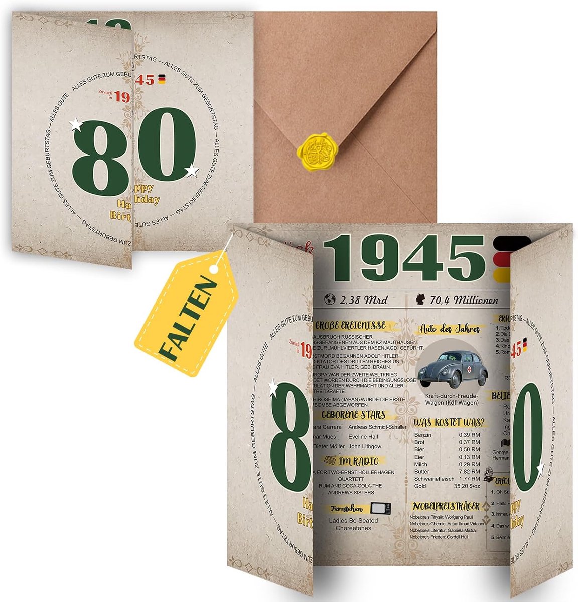 Verjaardagskaart 60 openklapbare grote incl. envelop | 1965 personaliseren vintage verjaardagskaart | 60ste verjaardag man vrouwen | nostalgische verjaardagskaart (1945)