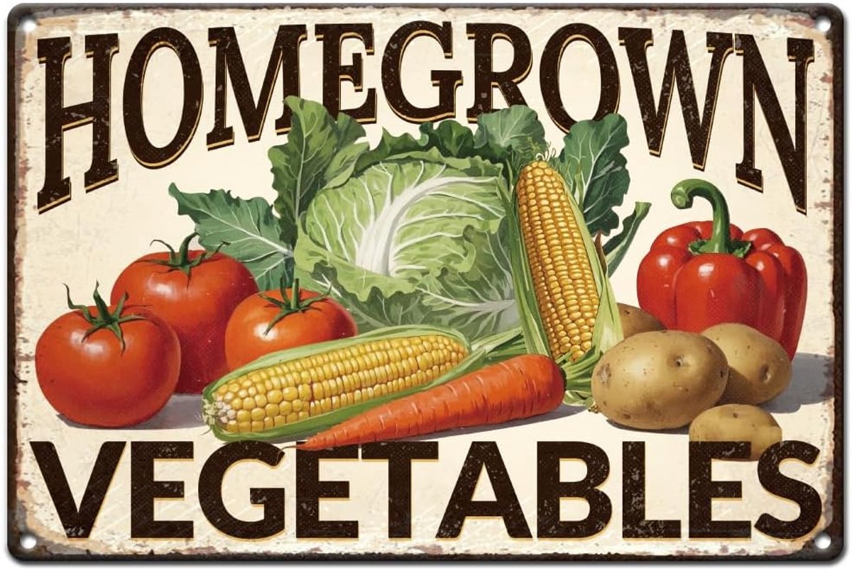 Vintage metalen tinnen bord 20 x 30 cm retro zelfgekweekte groente bord roestige look tomaat maïs aardappel poster voor boerderij, land markt, keuken, fruitverkoper decoratie