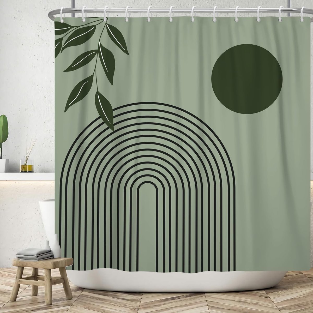 Douchegordijn in boho-stijl, 180 x 180 cm, met moderne abstracte kunst, groene bladeren, zon, lijnen, saliegroen, wasbare polyesterstof, waterdicht, voor badkuip, met 12 haken