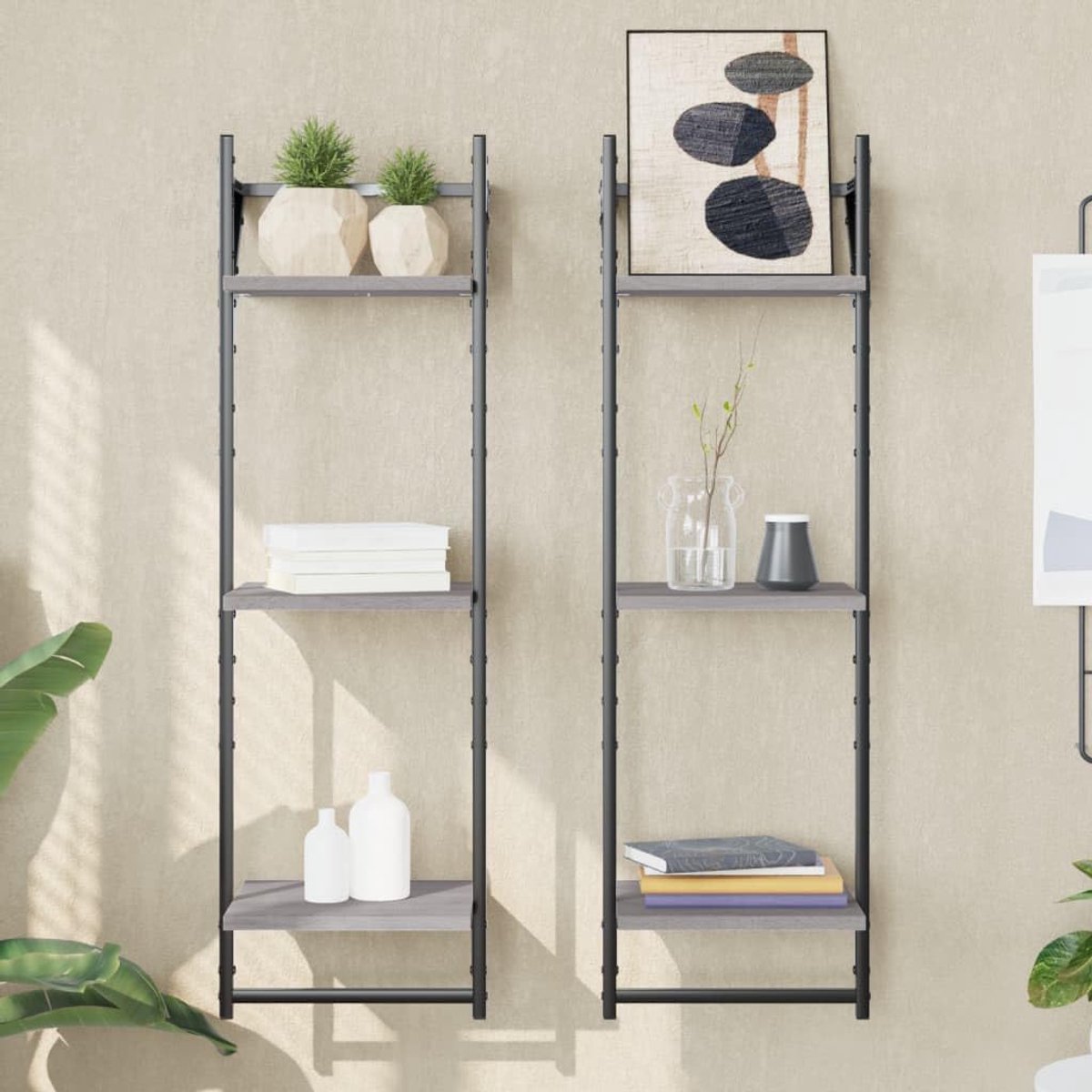 Wandplanken met 3 planken en stangen 2 stuks. Grijs Sonoma, zwevend rek van hout voor opbergruimte en wanddecoratie, montageset voor woonkamer en hal