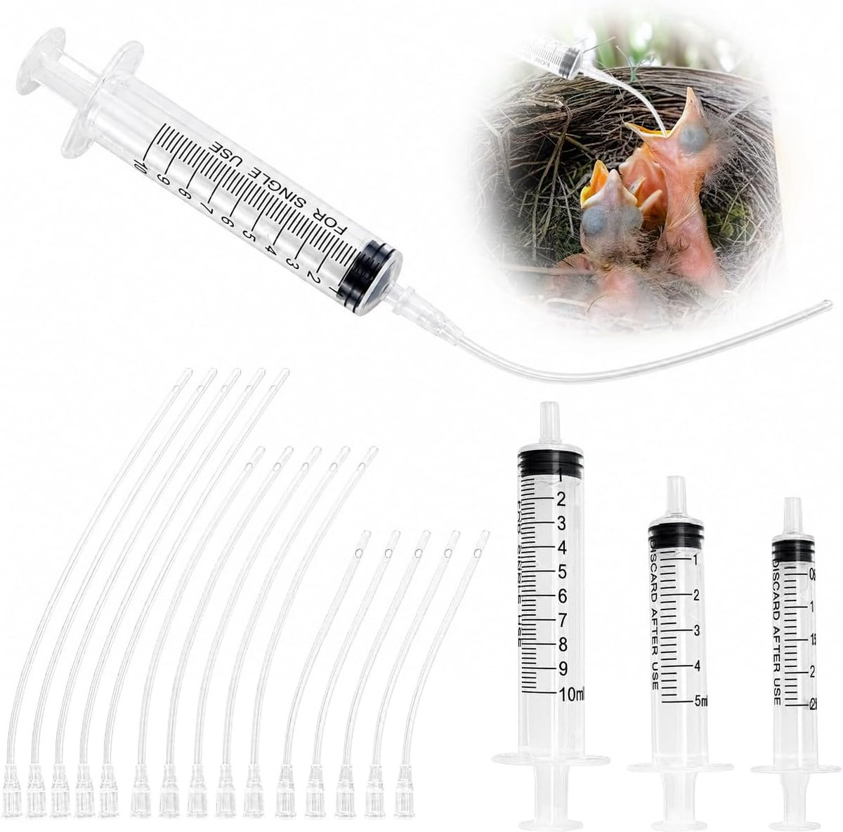 18 stuks voedslang voor jonge vogels, spuiten met slang, vogelaccessoires, opwindspuit, duiven, voedergereedschap, melk, water, voedingssonde voor vogels en papegaaien (2,5, 5, 10 ml)