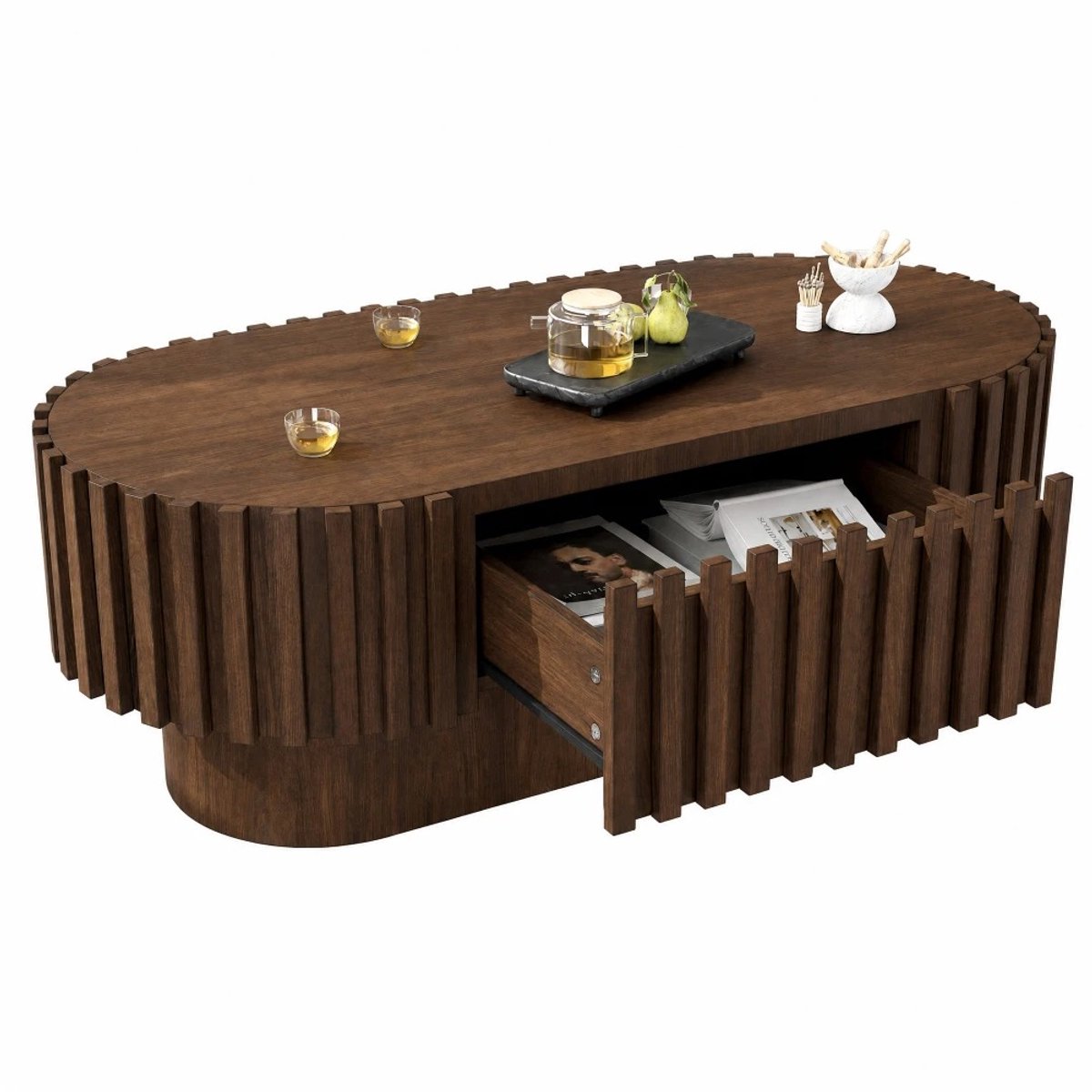 Bresht Salontafel - Bijzettafel - Opbergruimte - Verticale ribstructuur - MDF - Walnootlook - Ovaal ontwerp - 100 × 50 × 35,5 cm