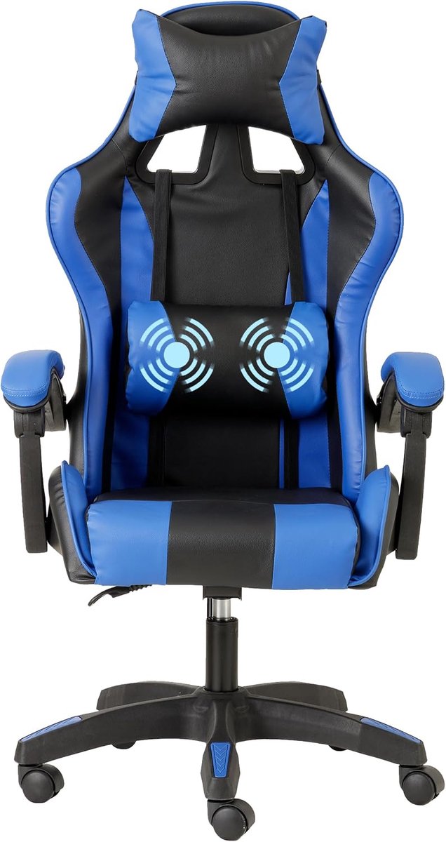 Home Ergonomische gamingstoel met lendenmassageapparaat, bureaustoel met verstelbare rugleuning, met verstelbare kussens, hoofdsteun en rugsteun, 50 x 55 x 117 cm, blauw