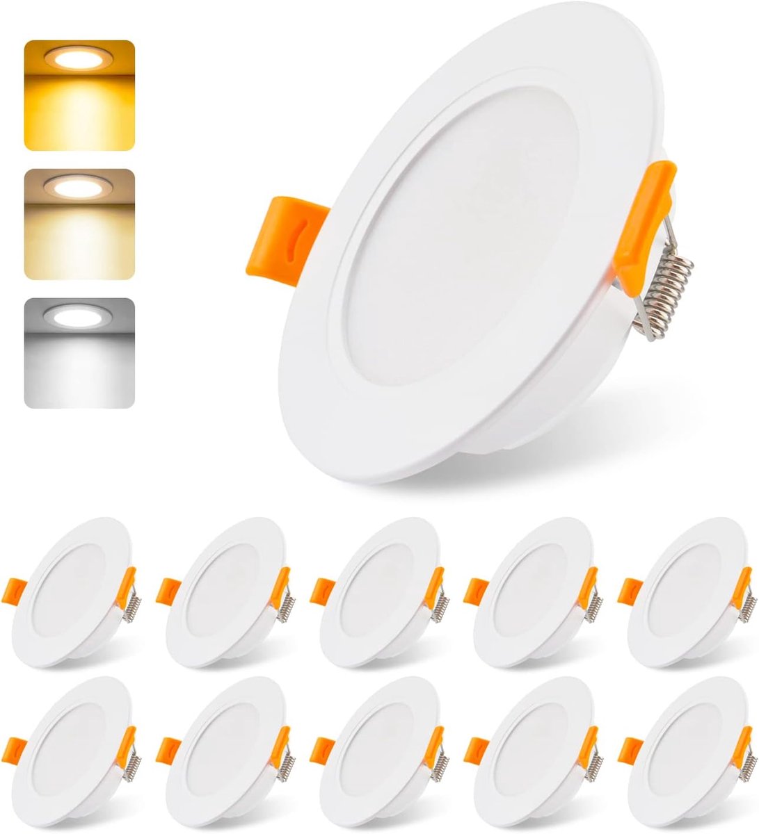 da LIGHT led-inbouwspot, 230 V, plat, 5 W, stralende led-inbouwverlichting, badkamer, led-spot, 3000/4000/6000 K, plafondspot 6000K, IP54 voor badkamer, woonkamer, keuken, slaapkamer, set van 10 stuks