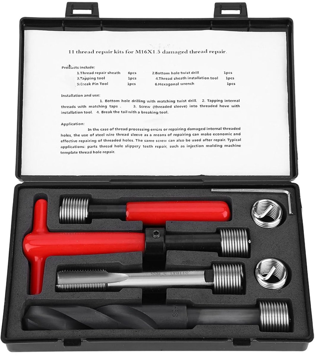 M16X1.5 Extra Grote Tread Plugs Kits RVS 11-delige Draadreparatieset RVS Twisted Drill Wrench Tap Insertion Tool M16X1.5