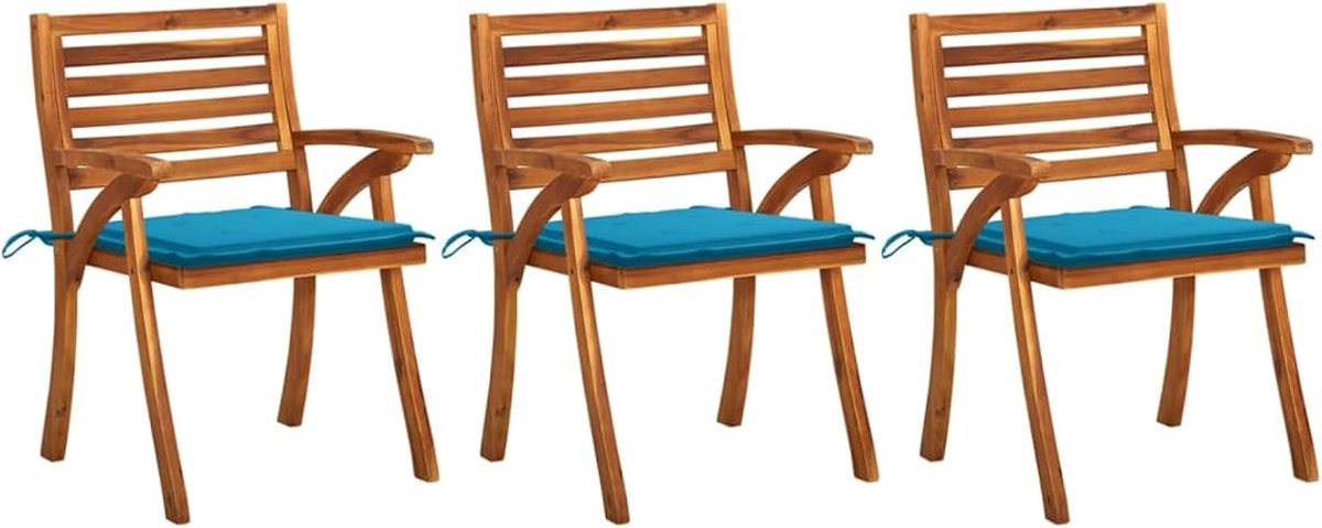 Set van 3 stoelen voor eetkamer, tuin, met kussens, zitvlak voor terras, binnenplaats, buitenmeubels, massief hout, acaciahout, 59 x 59 x 87 cm, blauw