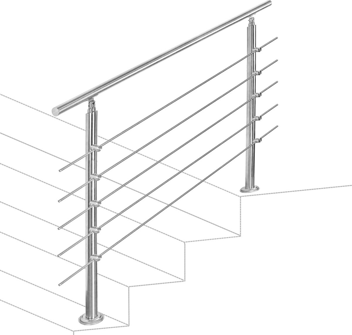 Stalen leuning, trapleuning, voor binnen en buiten, 180 cm, met 5 dwarsbalken en accessoires voor trappen, balustrade, balkon