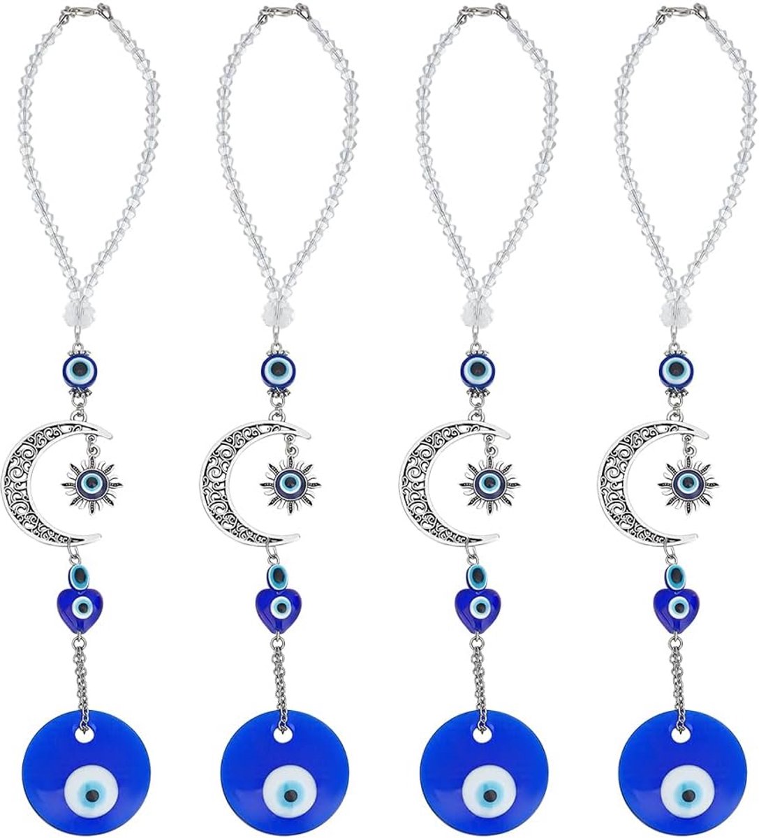 4 Stks Blauw Boze Oog Opknoping Ornament Handgemaakte Lampwork Auto Opknoping Hanger Transparante Kralen Charms Maan Charm voor Spiegel Muur Decor Gunsten Gift Home Office Wanddecoratie