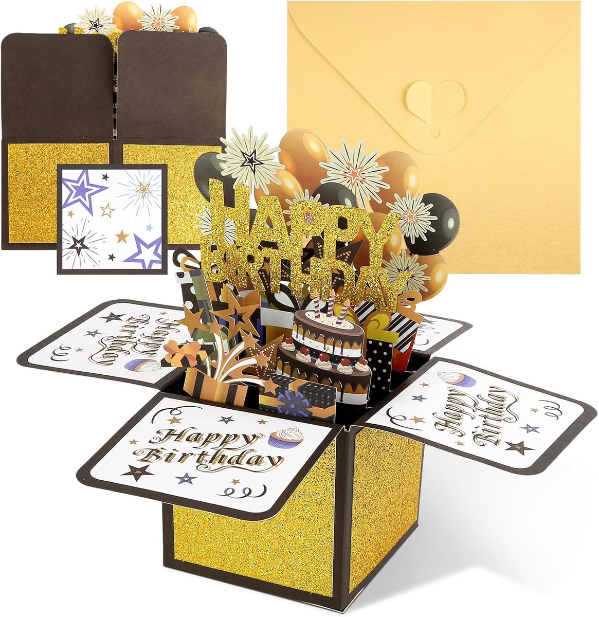 3D pop-up verjaardagskaarten, 3D-verjaardagskaartenset met enveloppen en kaarten, 3D-verjaardagskaart met ballonnen en mooi vuurwerk, 3D Happy Birthday-kaart., ijzerhoudend