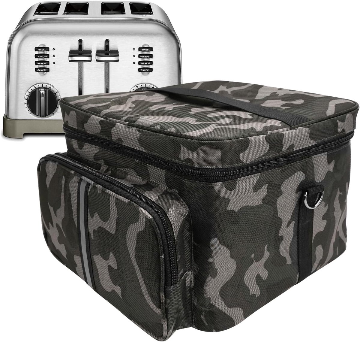 Broodrooster opbergtas compatibel met 4 sneetjes broodroosters, broodrooster draagbare opbergtas met rits voor de meeste 4-sneetjes broodroosters en extra accessoires-camouflage, Camouflage,