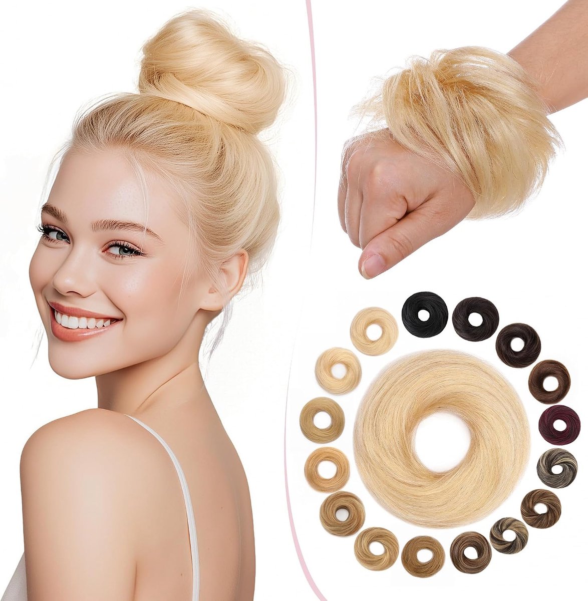 Haarstuk met elastiek, echt haar, knot, haarstukje, echt haar, haarelastiek met haar, glad haar, messy bun opgestoken kapsels voor dames en meisjes, 17 g, glad lichtblond #613