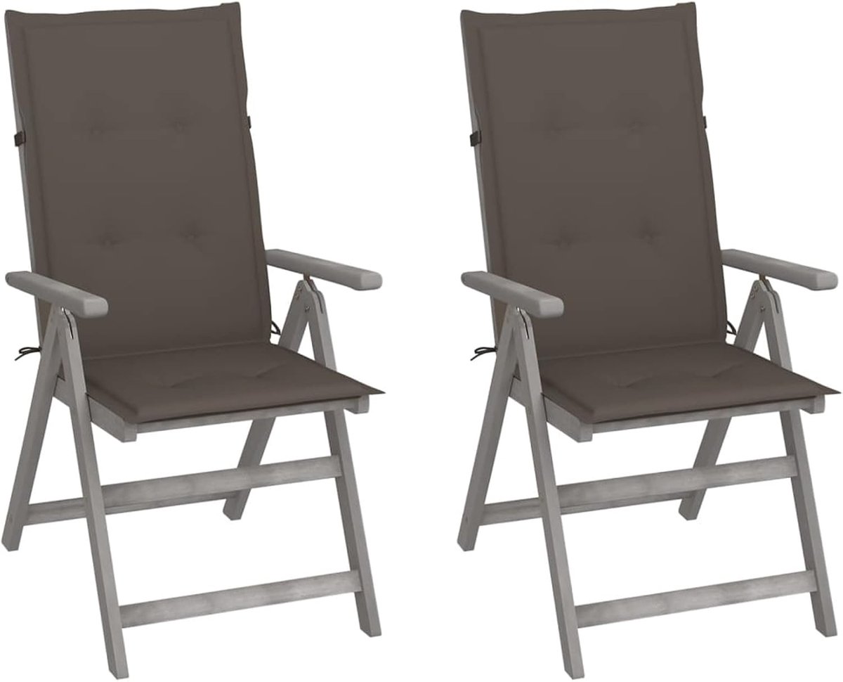 Set van 2 stoelen, kantelbaar, massief acaciahout, grijs, met kussens, 56 x 70 x 110 cm, buitenstoelen, verstelbare eetkamerstoelen voor de tuin