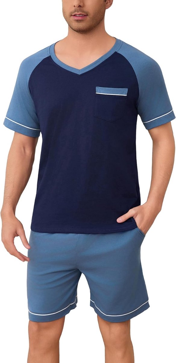 Zomerpyjama voor heren, katoen, pyjamaset met korte mouwen en broek, korte pyjama, 2-delig, met zakken, S-XXL