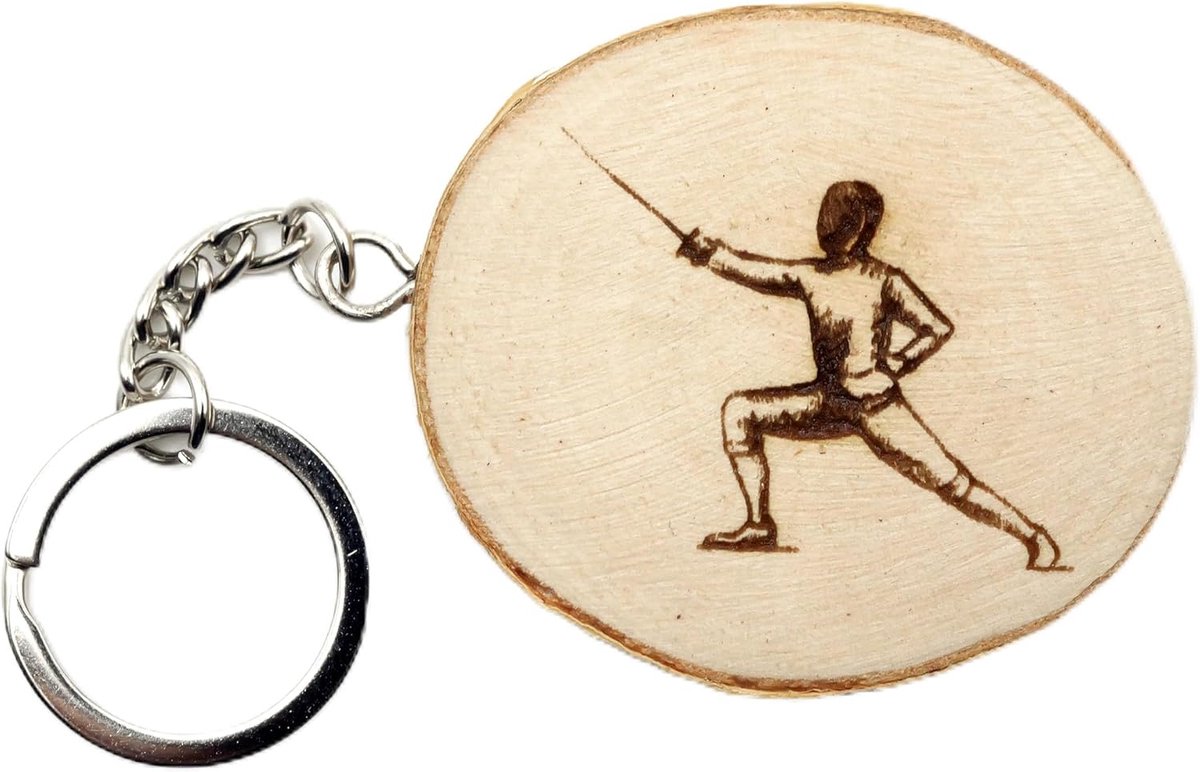 Generico Sleutelhanger van natuurlijk hout met hekwerk met zwaardfolie, sabel-hekwerk, Bruin, Eén maat