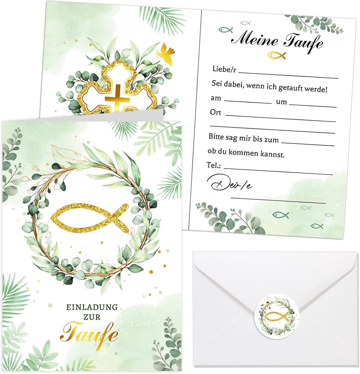 Dailygoods- Doopuitnodigingen Stijlvol - Uitnodigingskaarten - Eucalyptus Motief - 12 Stuks - Met Envelopstickers - Hoogwaardig Papier