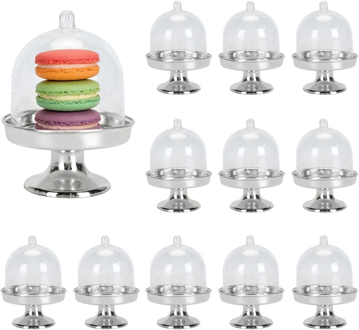 12 stuks mini-taartstandaard met deksel, kleine taartkoepel met doorzichtig plastic voor chocolade, kaas, kokosnootbitterkoekjes, rumballen, snoepjes, dessertbakje met gouden bodem (plastic 5)