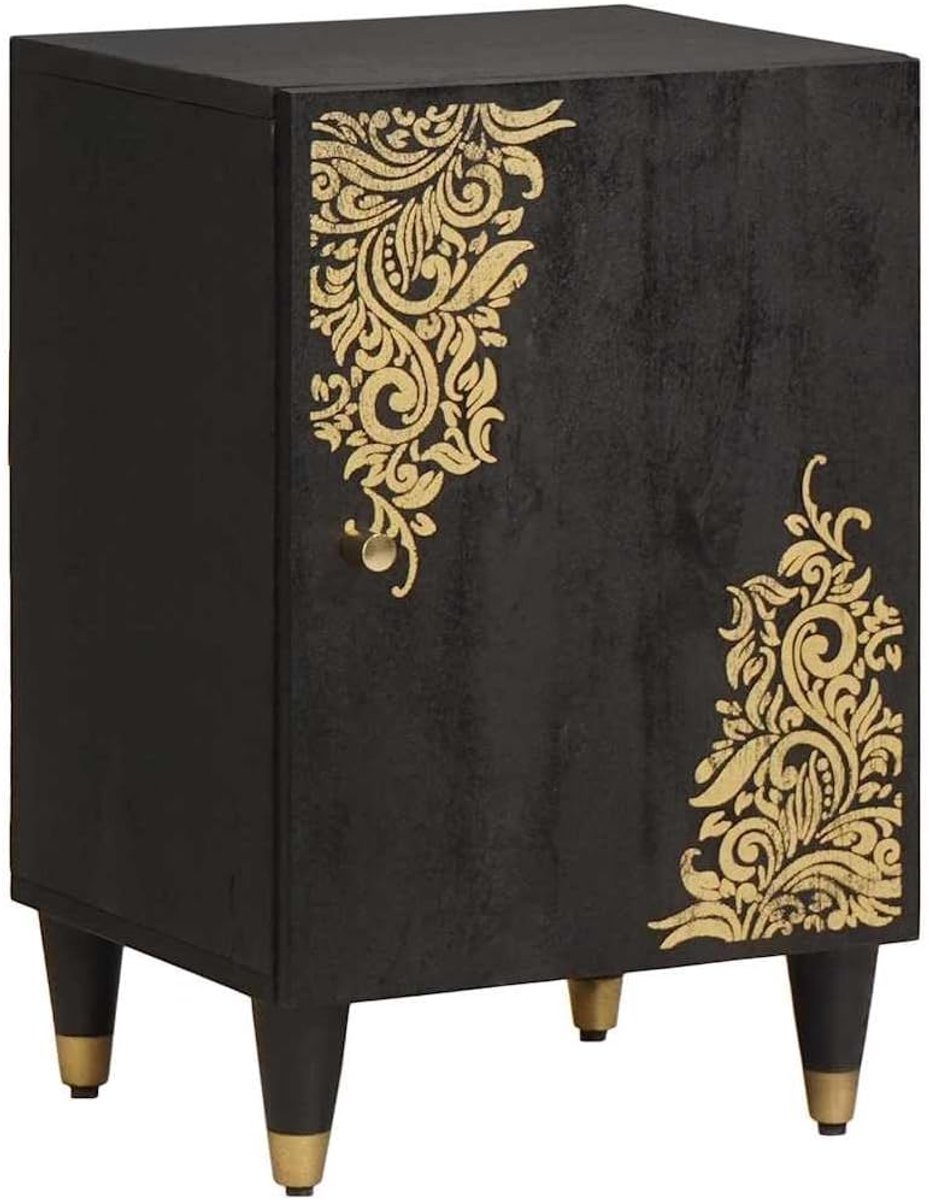 Houten mango badkamerkast, zwart, 38 x 33 x 58 cm, houten badkamerkast met messing handgrepen en gouden zeefdrukdesign, modern voor veel opbergruimte