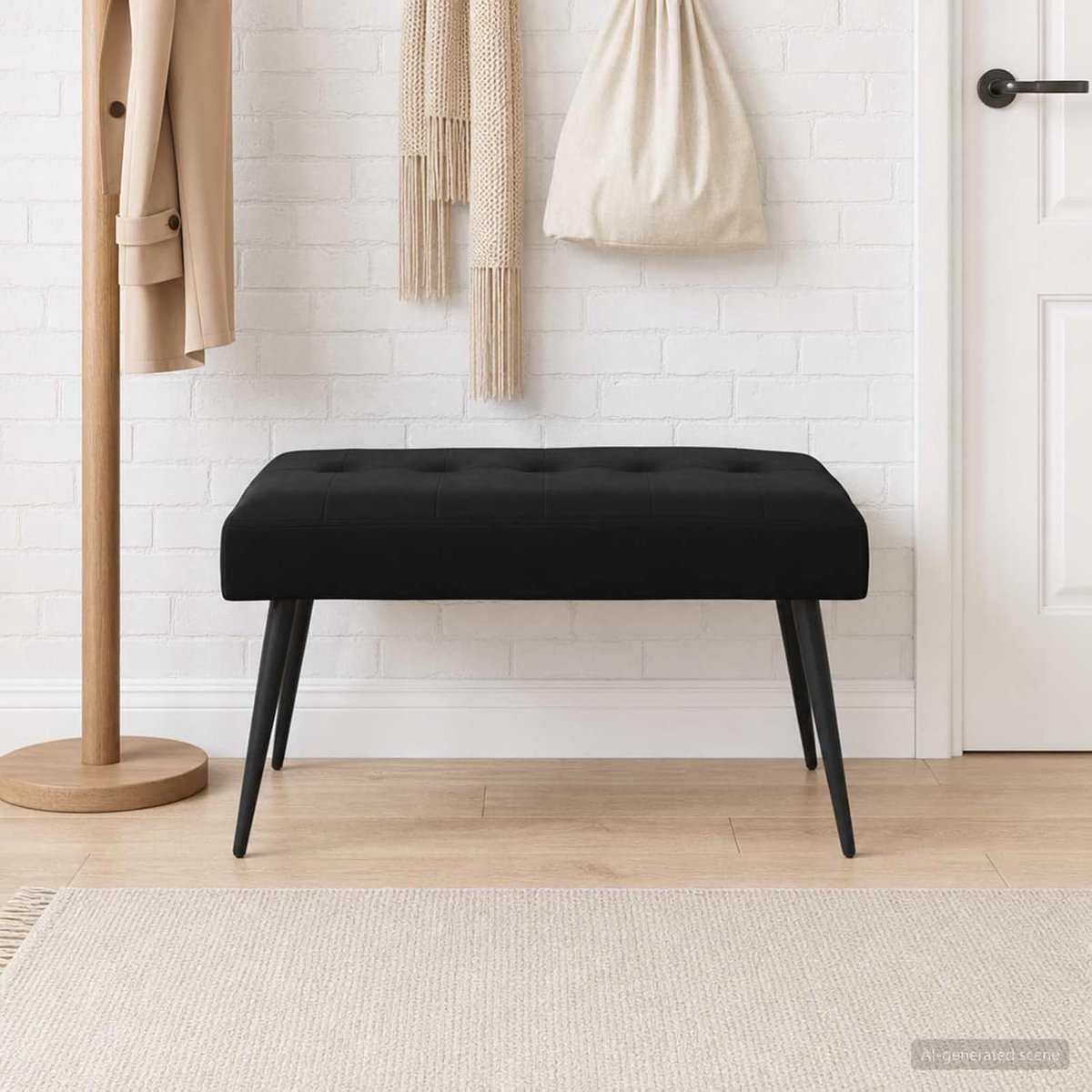 Zitbank met bekleding, gestoffeerde bank van fluweel in zwart met knoopsluiting, 80 x 40 x 46 cm voor woonkamer, slaapkamer, hal of als schoenenrek in de entree
