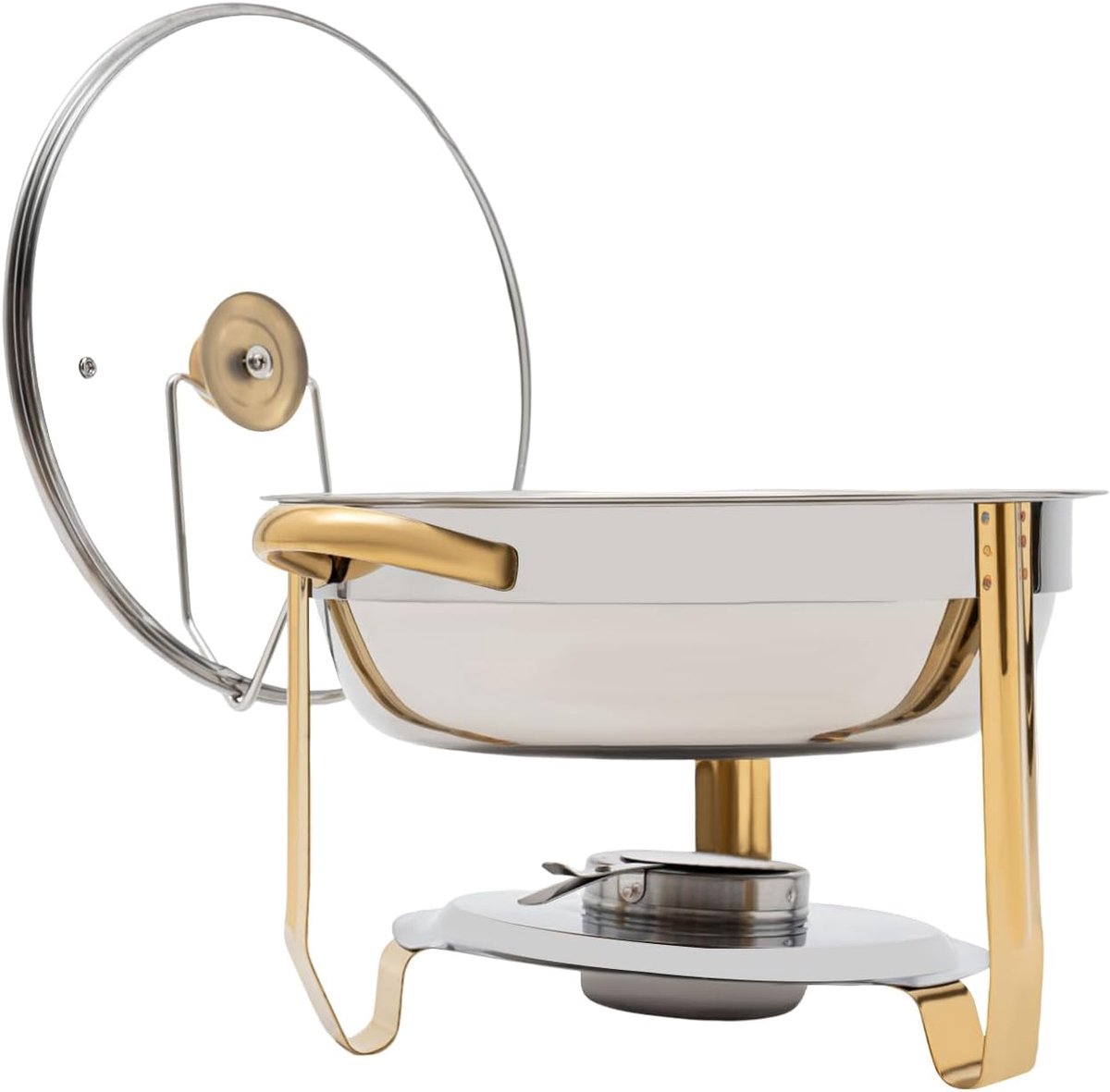 Dish-buffet, 5-kwarts, ronde roestvrijstalen chafing dishes, voedselwarmerset met glazen deksel en brandstofhouder, warmhouder voor bruiloften, feesten, banketten (goud)