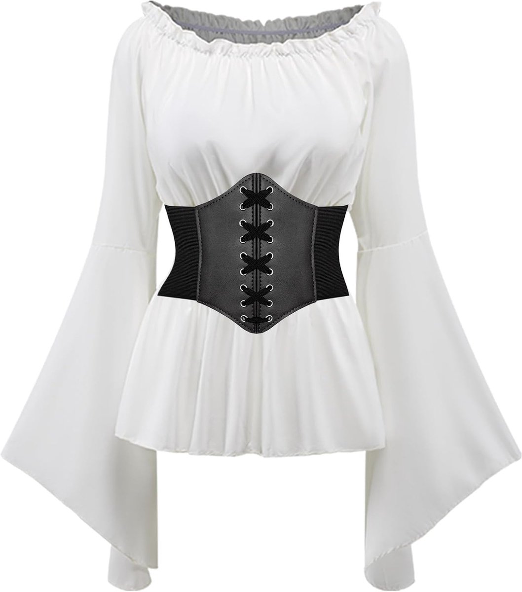 jurk Victoriaanse kledingtop voor dames, trompetmouwen, kostuumset met 250 ml toverdrankflesjes, middeleeuwse riem, riemlus, voor cosplay, heks