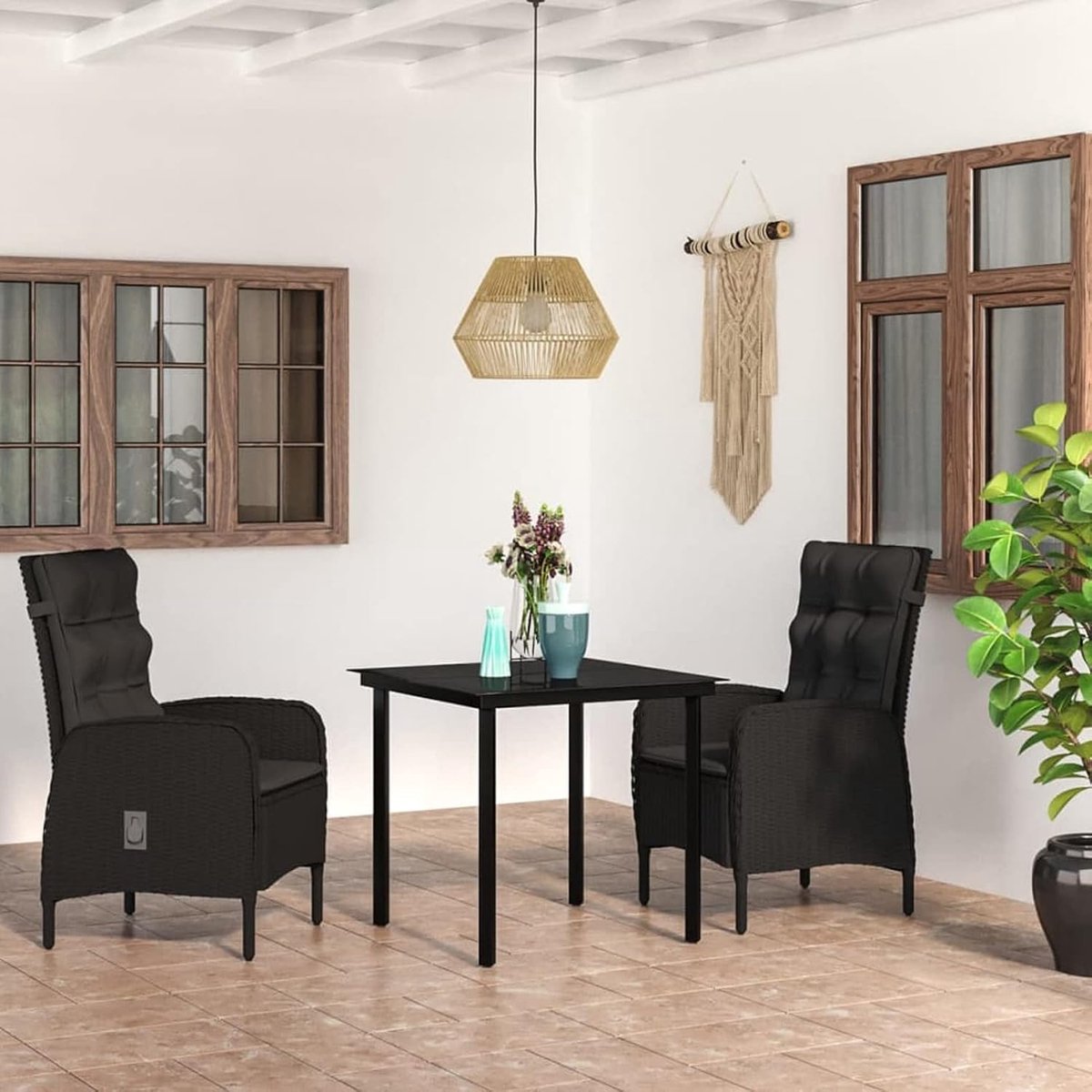 Set van 3 glazen tafels en 2 stoelen, voor de tuin, buiten, van polyrotan, glas, zwart, tafel en stoelen voor buiten, terras, veranda, tafel en eetkamerstoelen