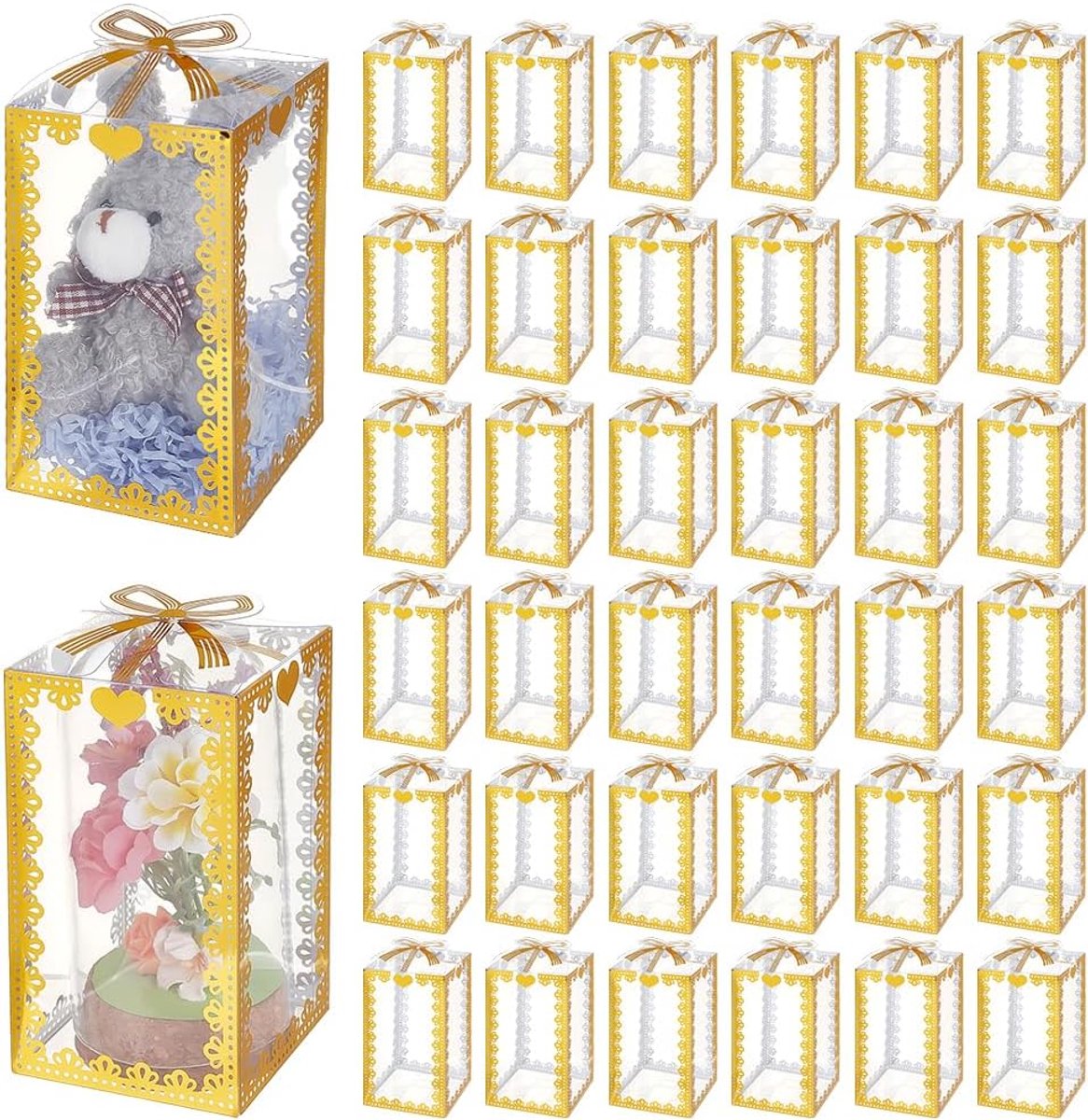 Dailygoods- Geschenkdozen 40 stuks - Doorzichtige PVC - Rechthoekig met gouden strikpatroon - Perfect voor bruiloften/feestjes - Afmetingen 7x7x14 cm