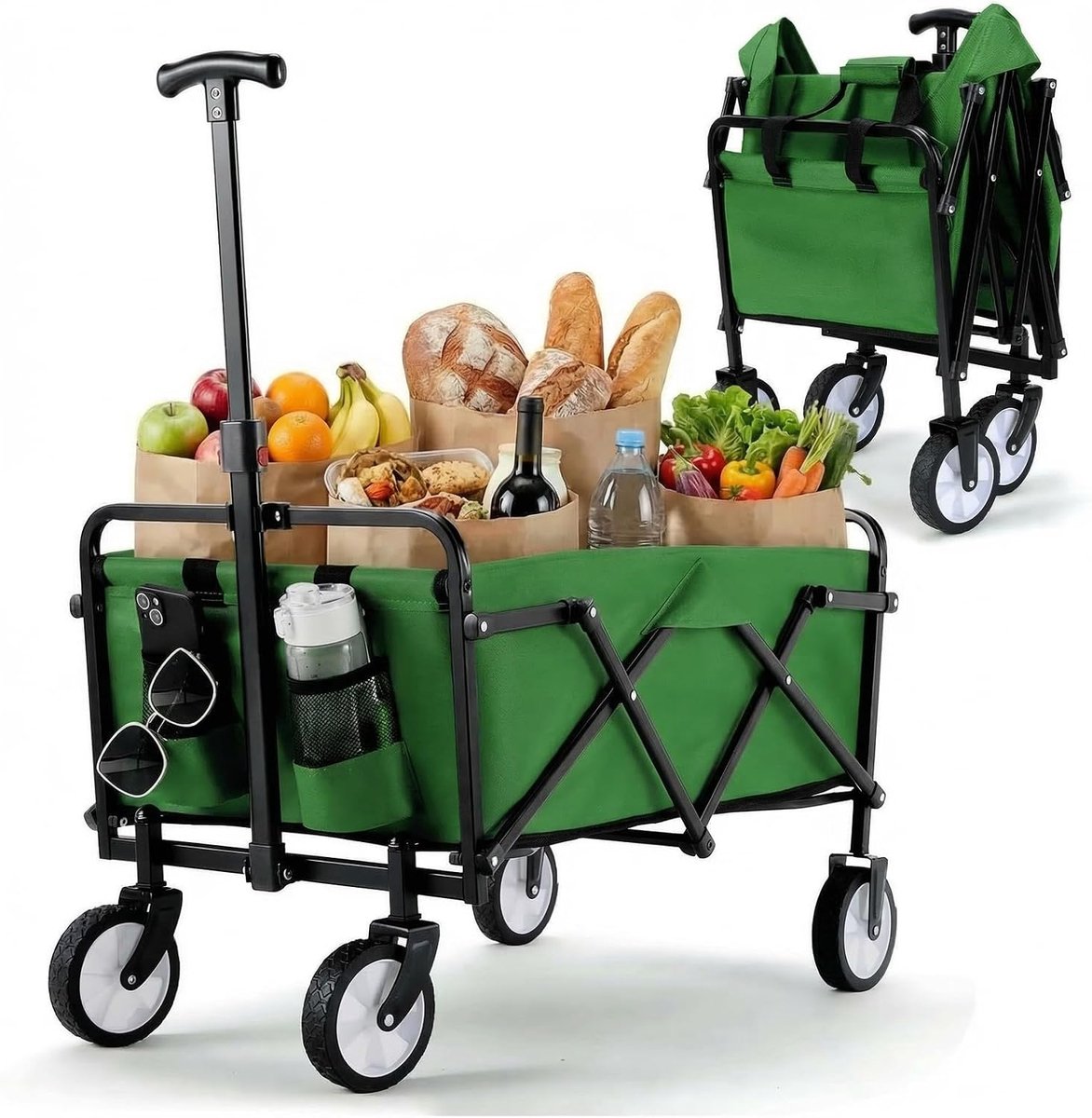 Opvouwbare handwagen, all-terrain wielen, tuinwagen met bekerhouder, verstelbare handgreep, transportwagen, inklapbaar, strandwagen, tuinwagen, winkelwagen, camping (groente)