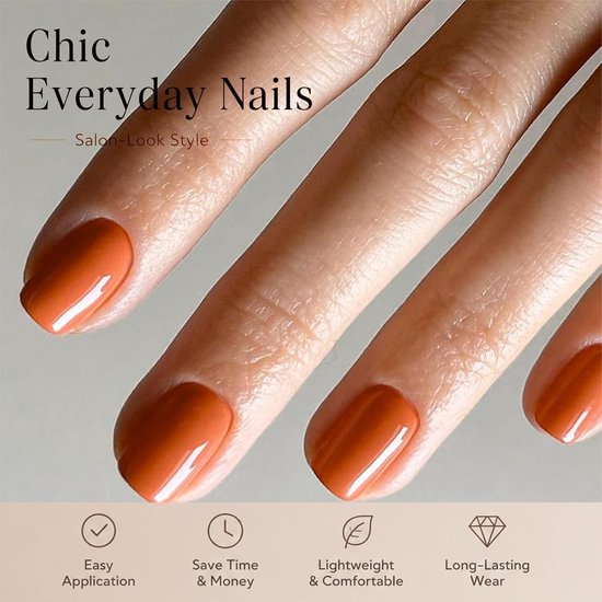 24 stuks Press On Nails Korte Vierkant Oranje, Complete Set met Gel-Lijm, Nagelvijl en Houten Stokje — afbeelding 4