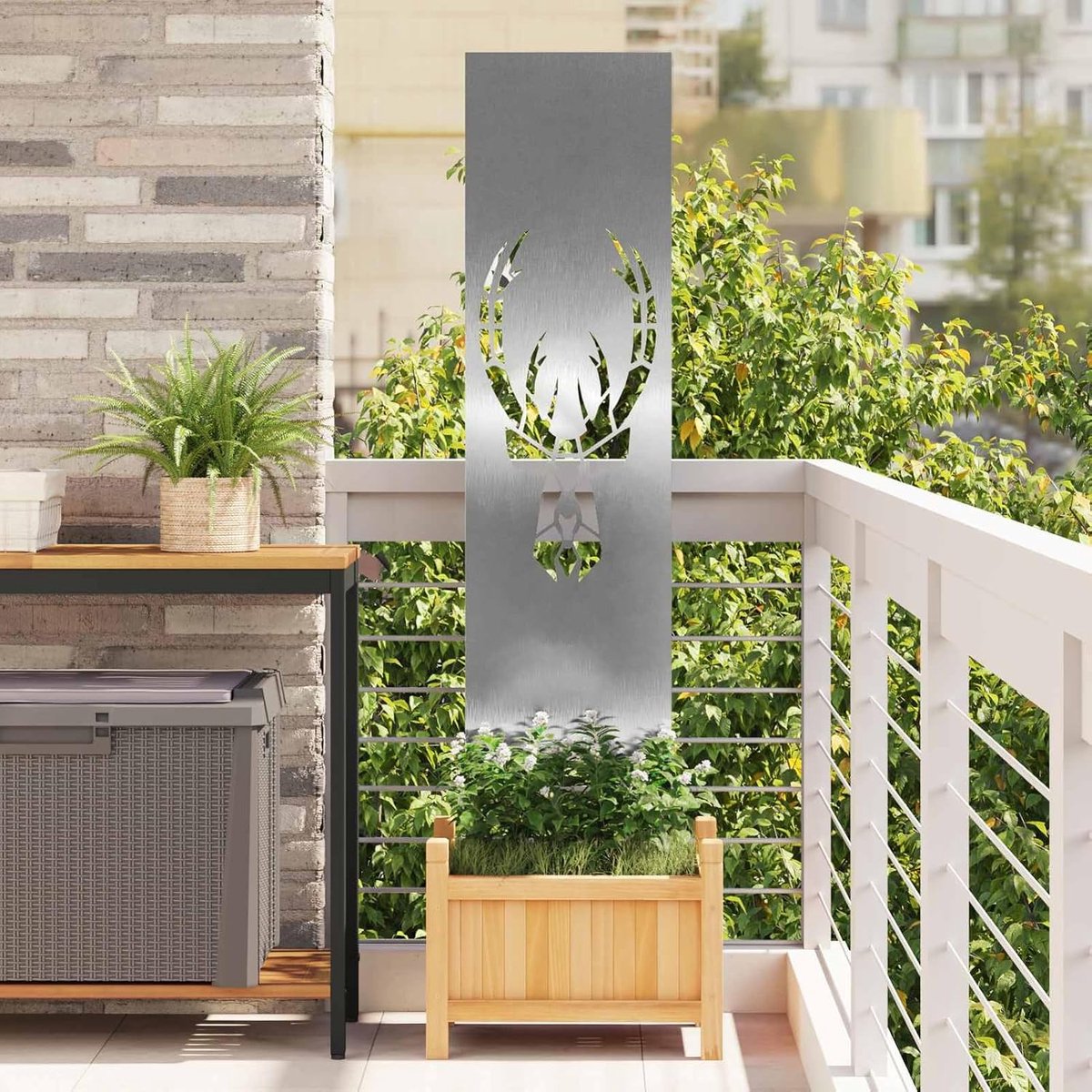 Tuin zichtwerend doek zilver 32 x 140 cm roestvrij staal rechthoekig decoratieve inlays mat gelakt wind- en weerbestendig voor terrassen en tuinen