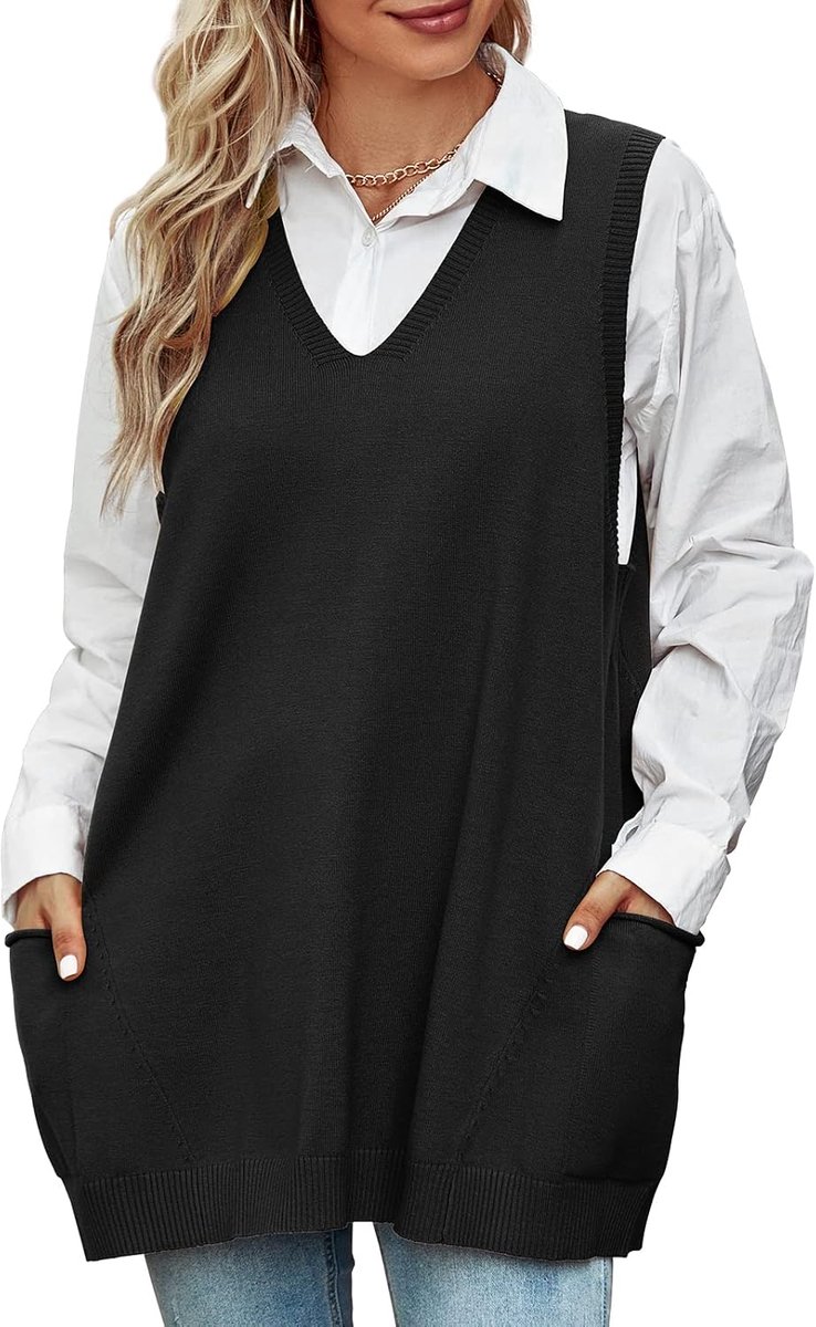 Damestrui oversized, V-hals, gebreid vest, pullover, mouwloos, lang, gebreid vest, vrije tijd, sweater, vest, herfst, winter