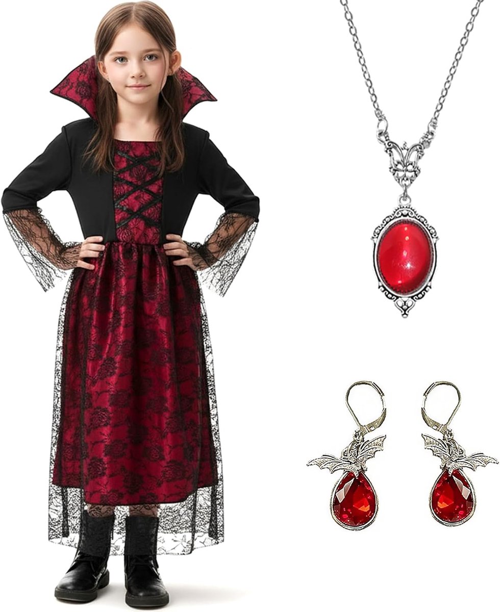 Vampierkostuum voor kinderen, meisjes, set met halsketting, oorbellen, Halloween, verkleedkostuum, cosplay voor kinderen