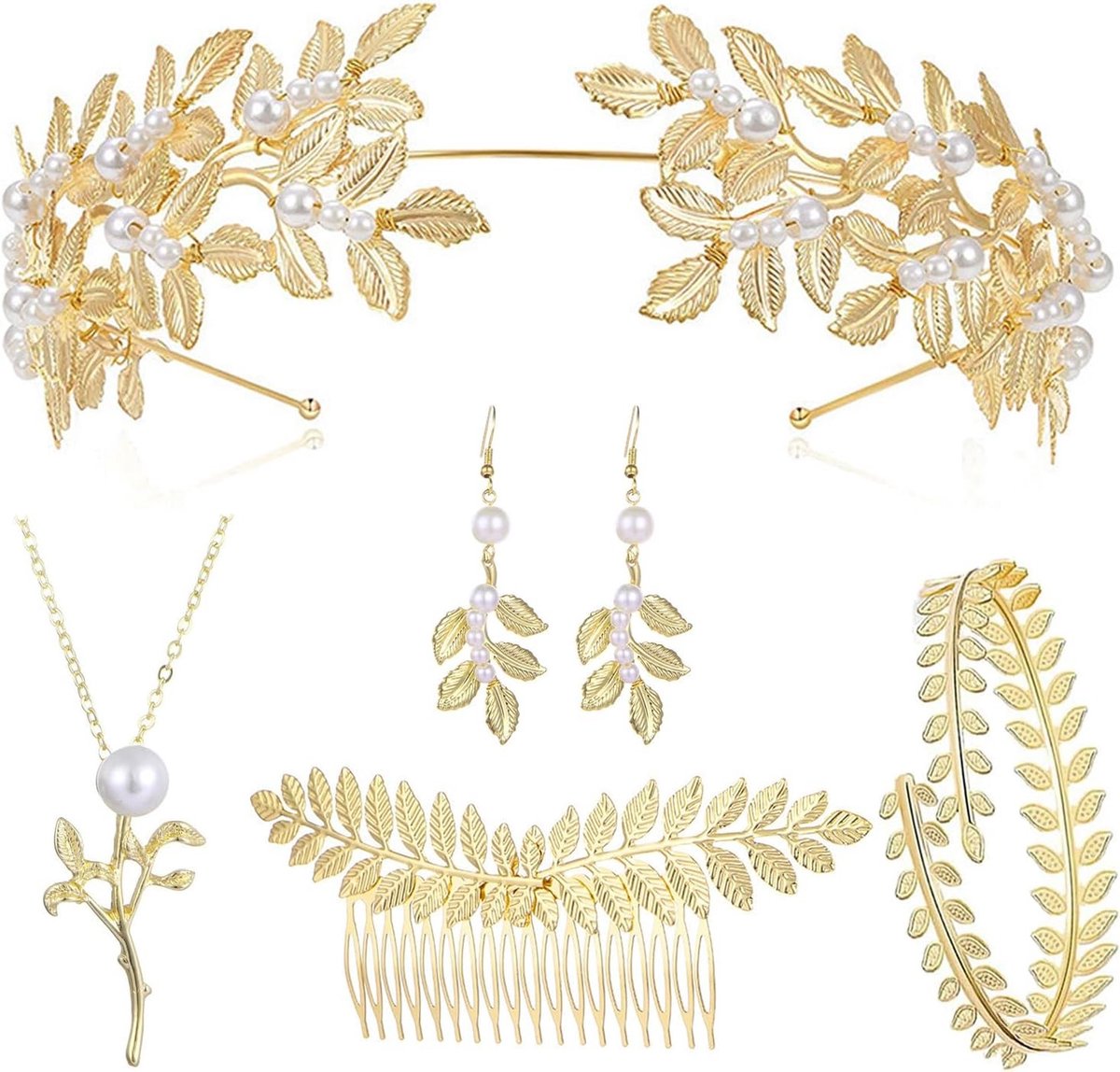 Griekse Godin Kostuum Accessoires Voor Dames - Sieraden Set met Oorbellen, Parels, Armbanden en Haaraccessoires