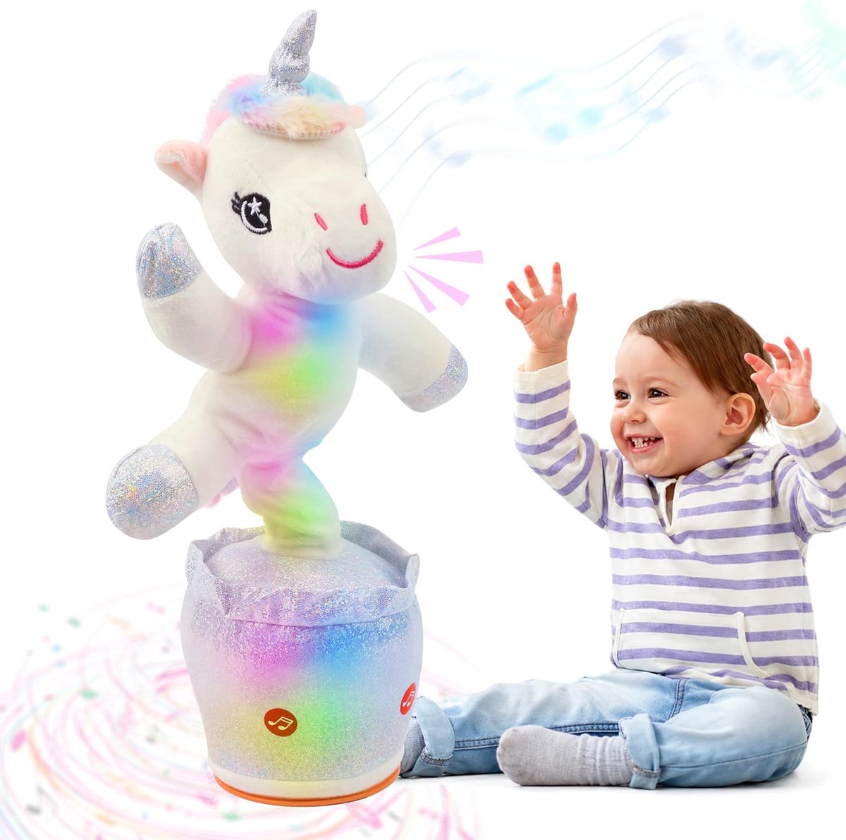 Gloeiend Dansend Eenhoornspeeltje Herhaalt Wat Je Zegt Pratend Speeltje Wriemelend Zingend Nabootsend Draaiend Elektrisch Lichtgevend Interactief Geanimeerd Cadeau Voor Kinderen, Wit, 37 cm