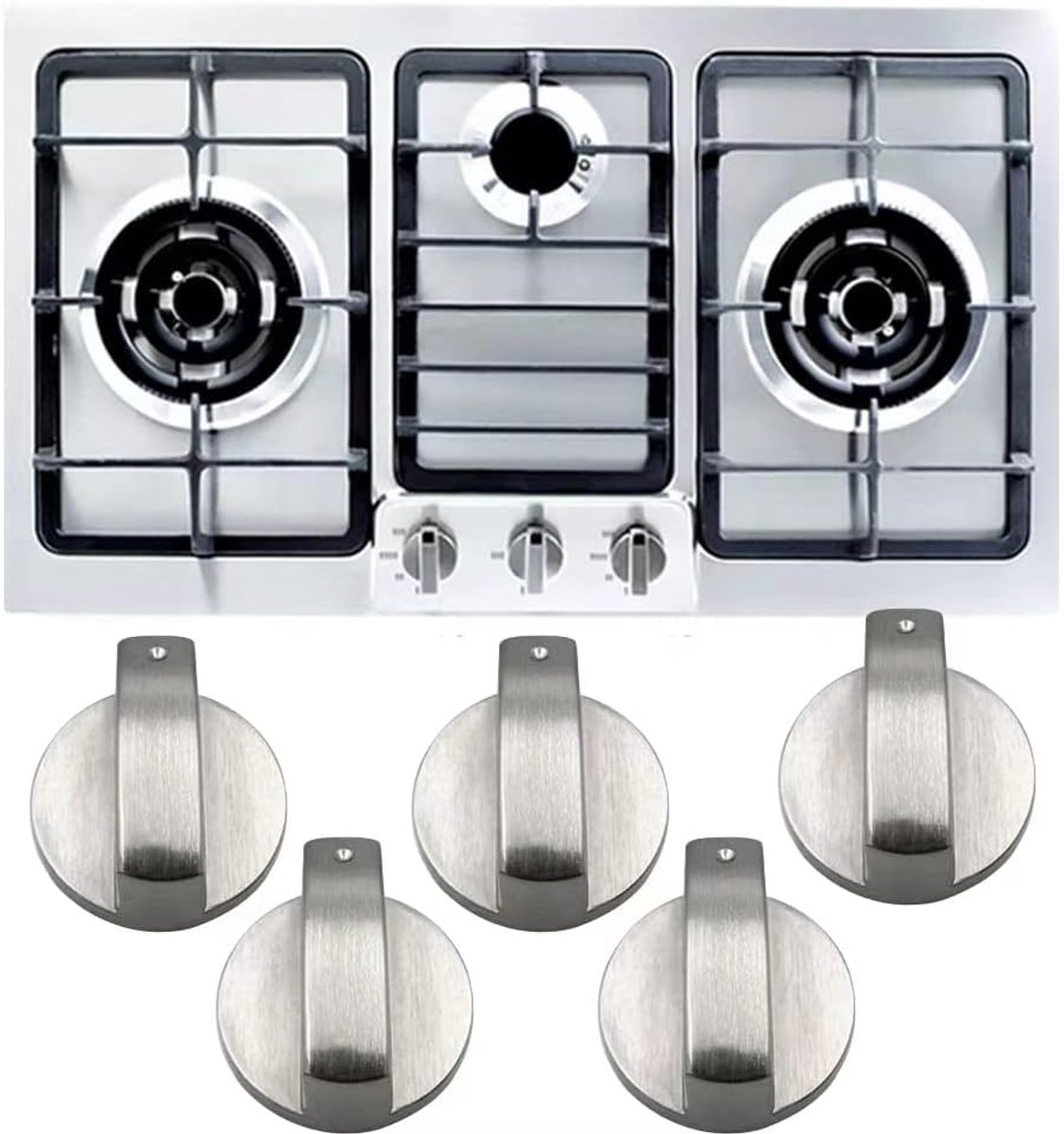 Knoppen, 5 stuks, 6 mm, zilverkleurige gasfornuis-bedieningsknoppen, ovenschakelaars, kookvlakregelaars