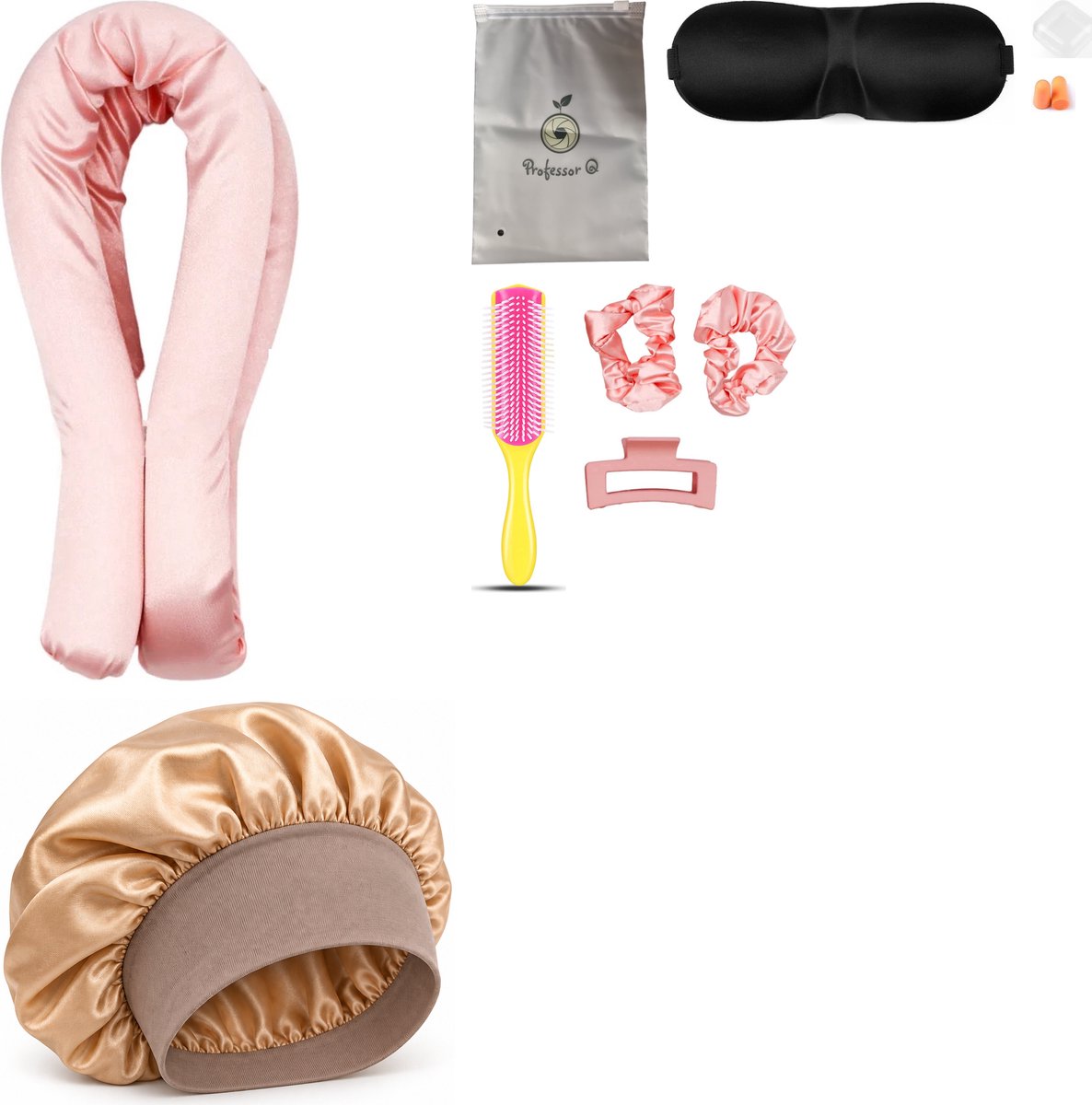 Professor Q Heatless Curls Set - Heatless Curlset met 2 Elastiekjes en Klem - Bonnet Goud - Fusion Pink Borstel - Slaapmasker Zwart
