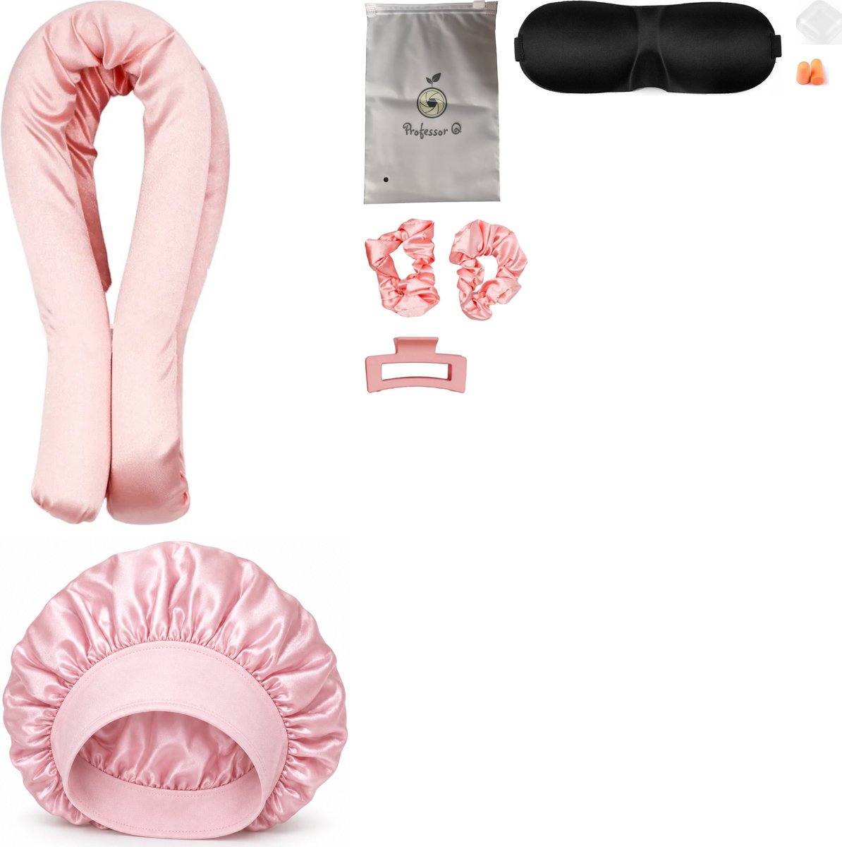 Professor Q Heatless Curls Set - Heatless Curlset met 2 Elastiekjes en Klem - Bonnet Roze - Slaapmasker Zwart