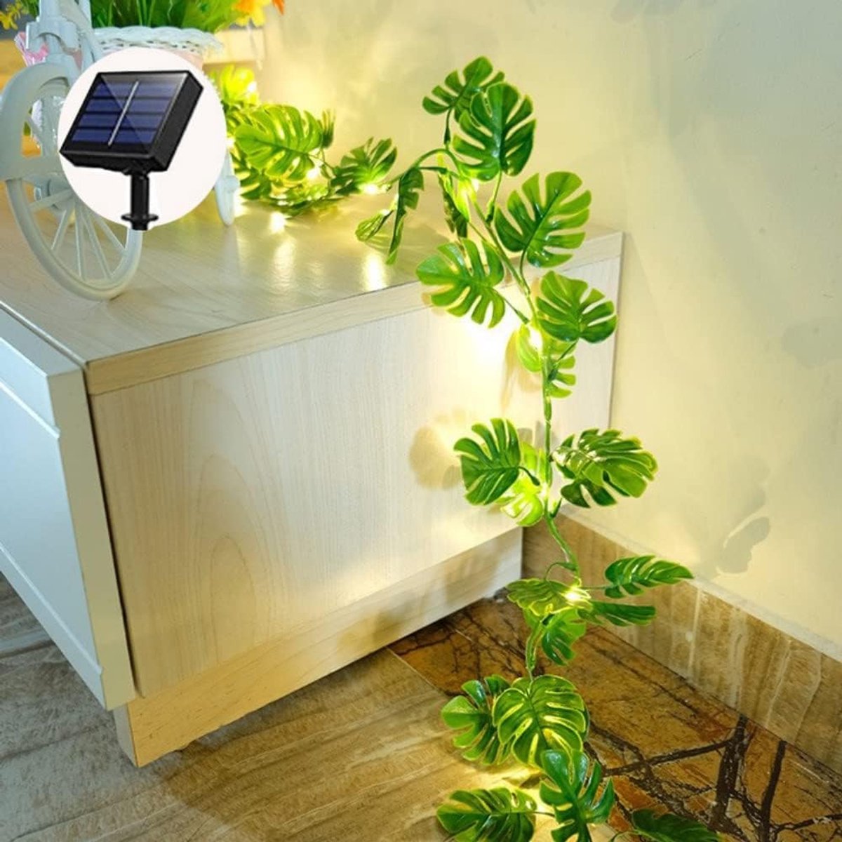 zonne-energie aangedreven bladeren lichtsnoer tropische kunstmatige rotan palmbladeren wandhangende wijnstok blad, zomerdecoratie voor Hawaiiaanse Luau-party jungle strand thema tafel