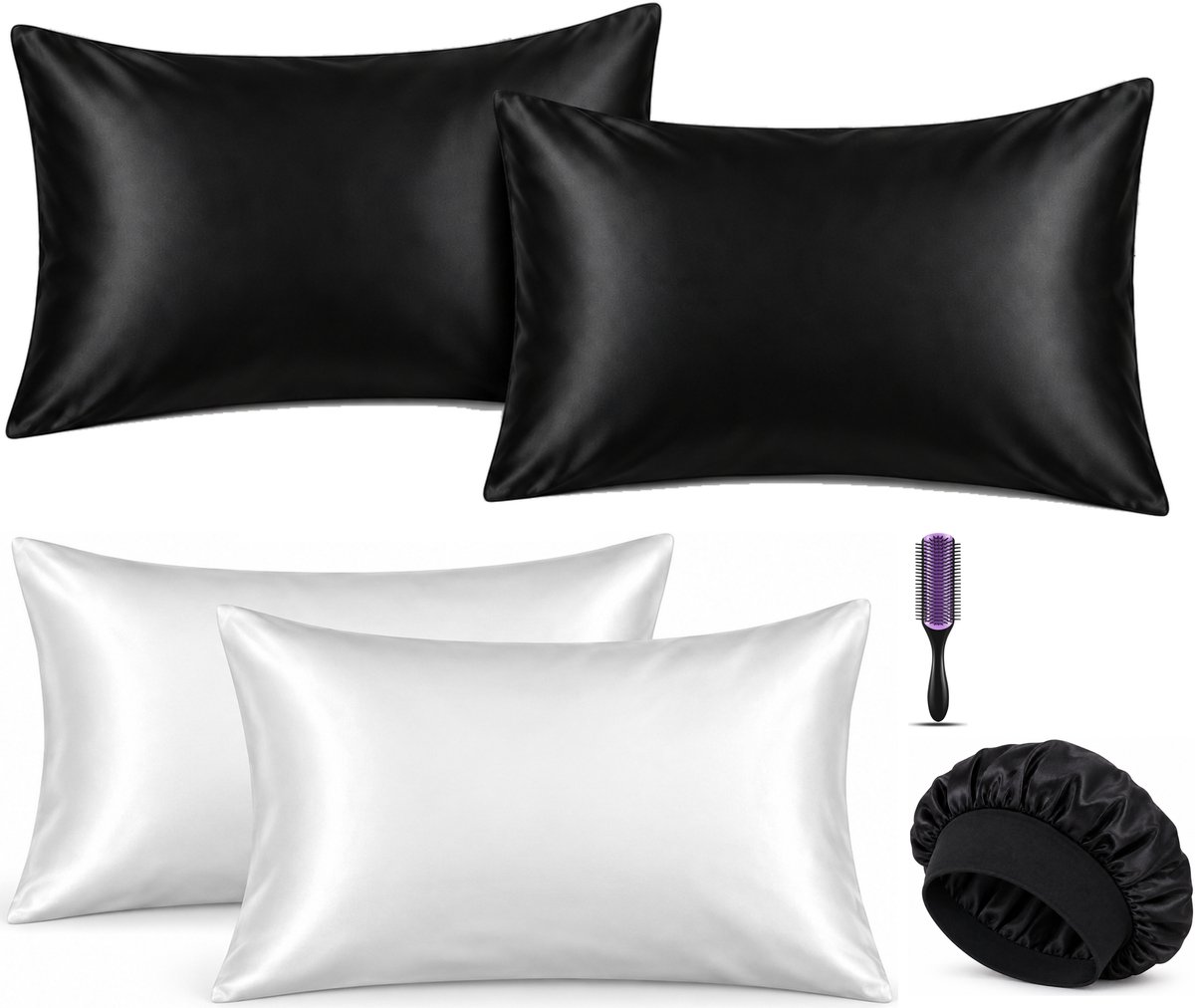 Professor Q Haar- en Slaapset - 2 Kussenslopen Wit 60 x 70 cm - 2 Kussenslopen Zwart 60 x 70 cm - Bonnet Zwart - Purple Black Borstel