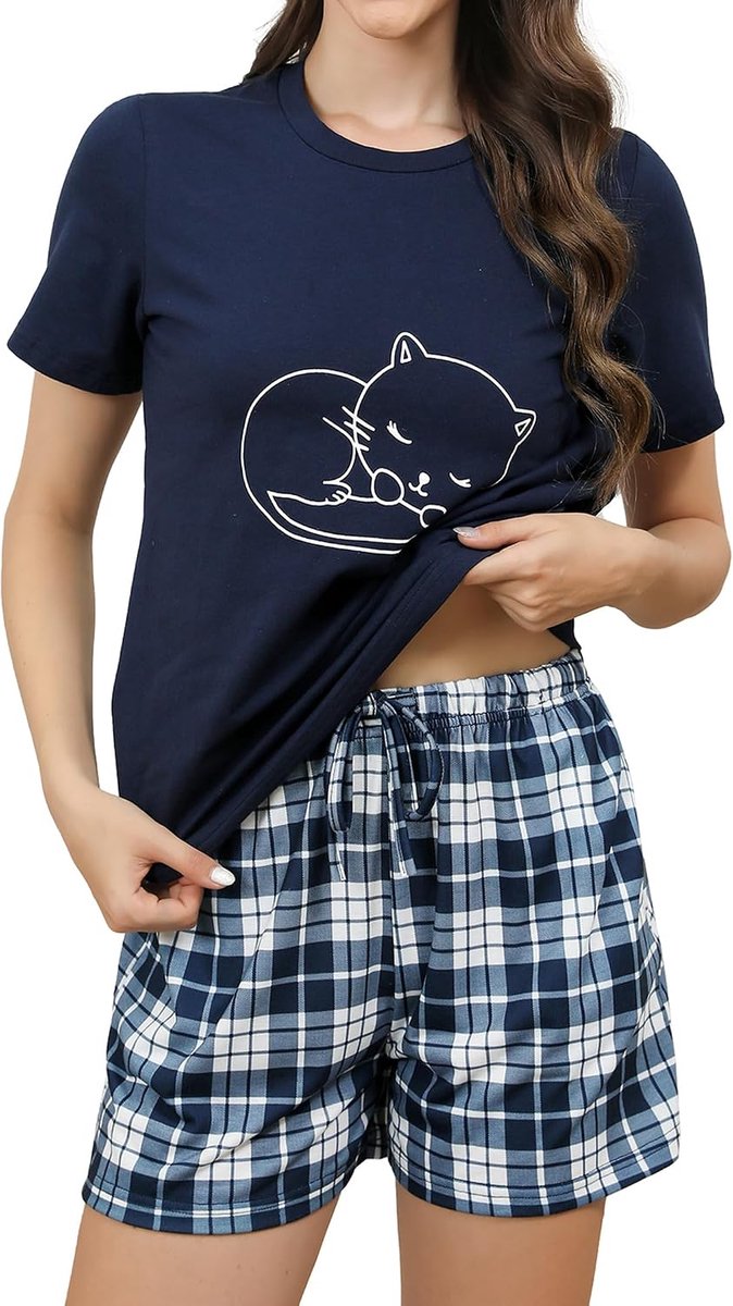 Pyjama's Dames Korte Katoenen Nachtkleding met Korte Mouwen Tweedelige Zomer Set met T-Shirt en Pyjamabroek Loungewear
