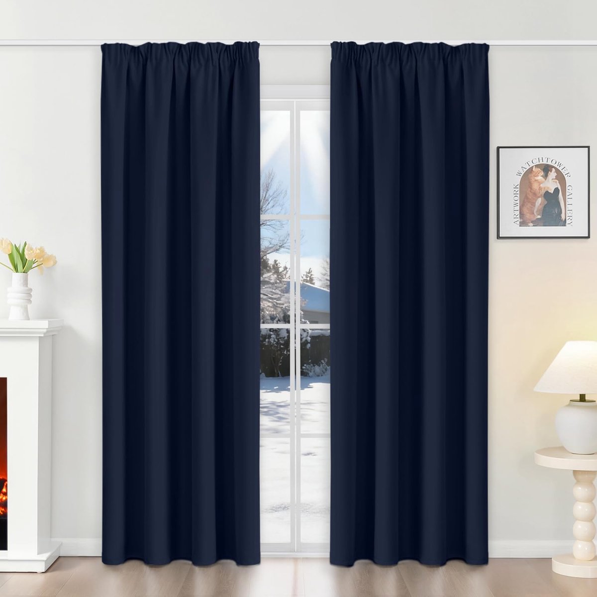 Gordijnen met plooiband, ondoorzichtig, marineblauw, verduisteringsgordijnen, set van 2, 230 x 120 cm (H x B) voor railsysteem, thermische gordijnen, koudebescherming, schuifgordijnen voor